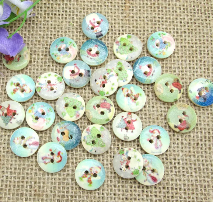 100pcs 15mm Mixed Natural Round Blue Christmas Pattern Wooden Buttons