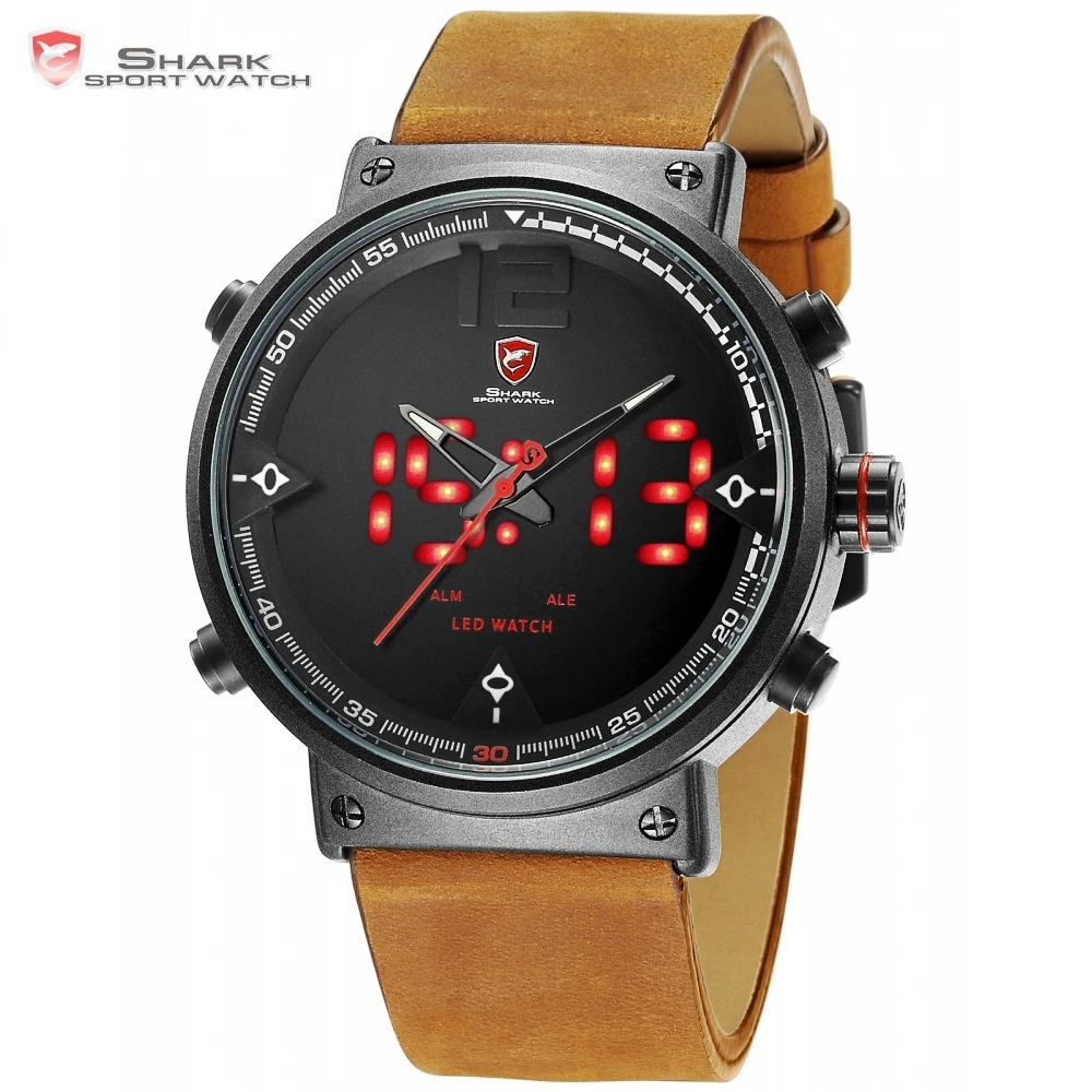 Bluegray Carpet Shark Sport Watch Black Men's Quartz Digital Analog LED Military Brown Leather Watches Relogio Masculino /SH546