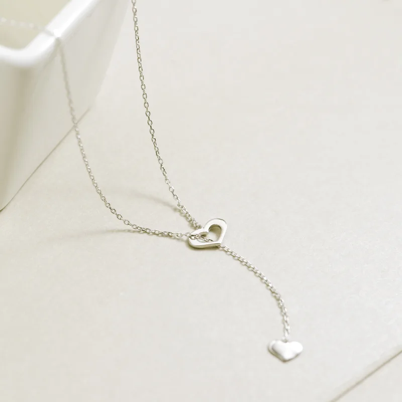 925 Sterling Silver Pull Type Heart Necklace Doublein Pendant