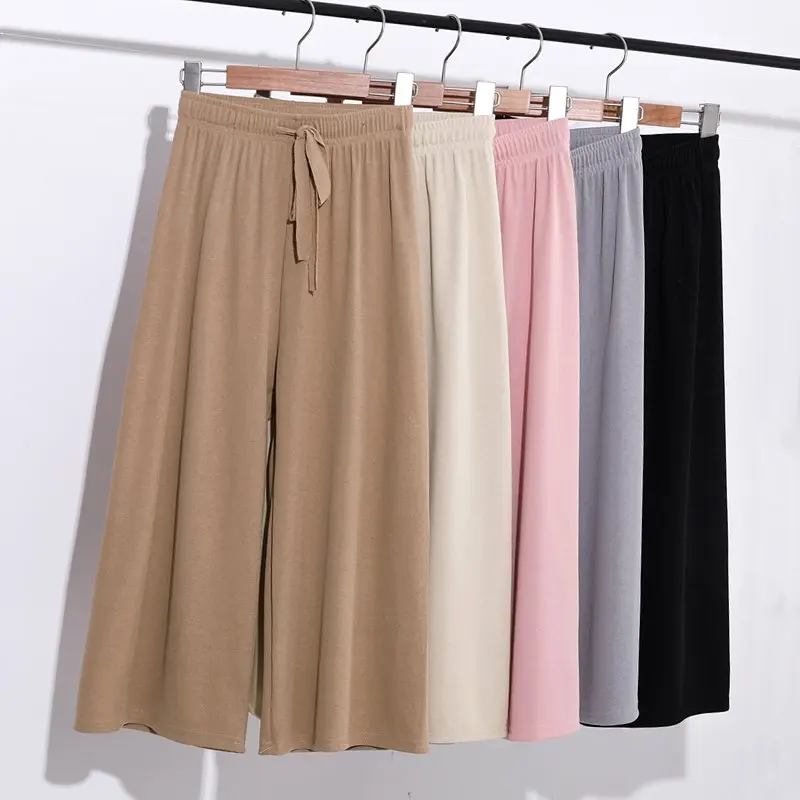 

2019 Summer Casual Thin Section Korean Version Ice Silk Wide Leg Pant Seven Points High Waist Loose Vertical Straight Leg Pant