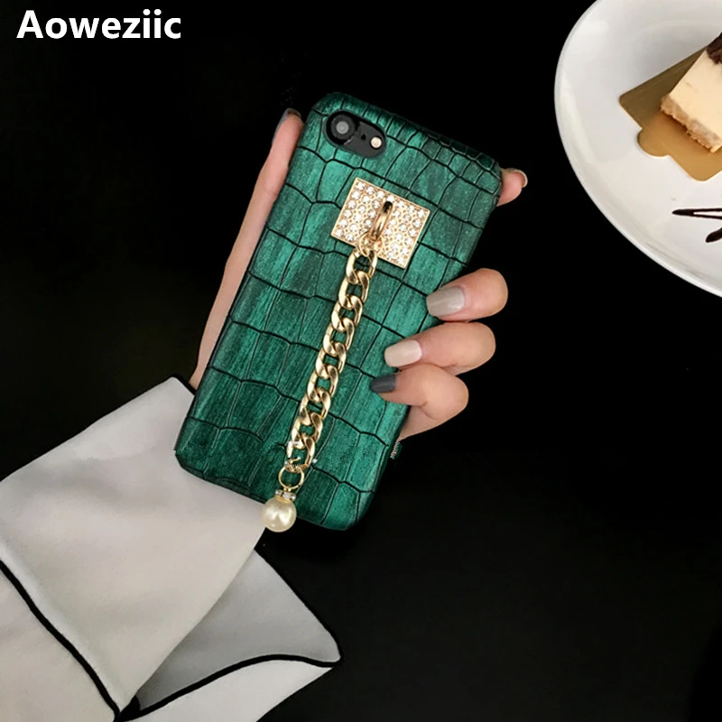 

Aoweziic New Luxury goddess For iPhone X 7 6s 8plus mobile phone case pearl chain leather case XR XS MAX rhinestones drill shell
