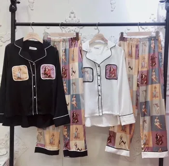 

2019 New Spring Autumn Women's Manga Printing Silk Pajamas Home Wear Ladies Long Sleeved Pants Set Sleepwear Leisure Nightwear