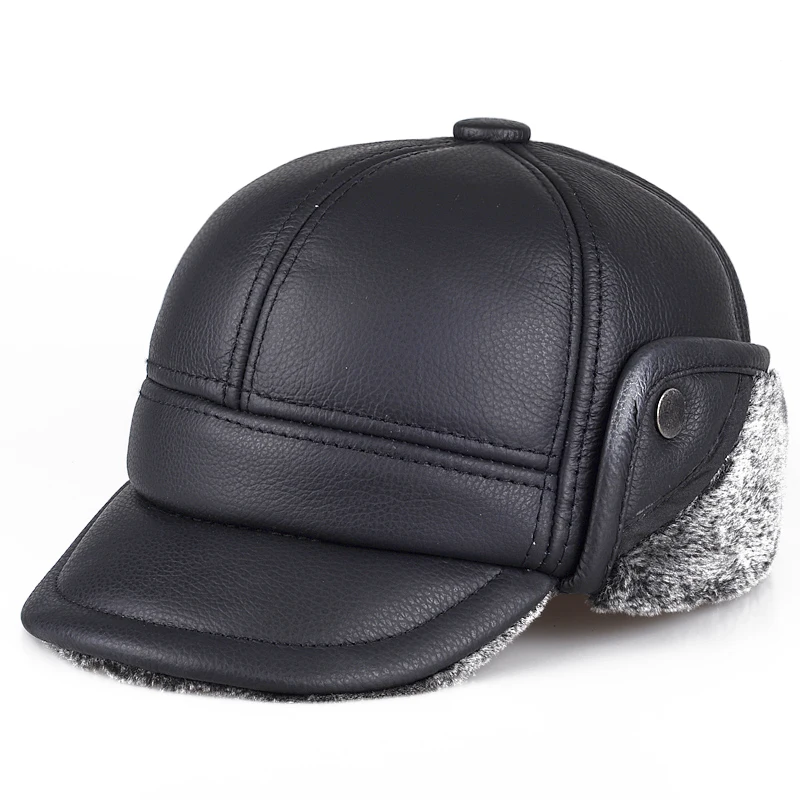 

Genuine Real Cow Leather Caps Warm Men Ear Protection Hat Fitted Casual Solid New Brown Russian Winter Baseball Cap Dropshipping