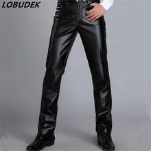 Осень-зима кожаные штаны приливные мужские тонкие мотоциклетные облегающие плюс бархатные утепленные брюки из искусственной кожи