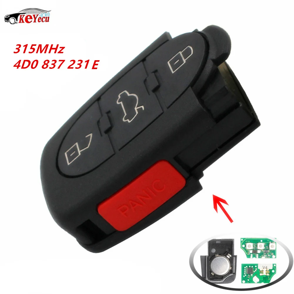 KEYECU New Replacement Remote key Fob 4 Button 315MHz for Audi A4 A6 A8 TT Cabriolet Quattro