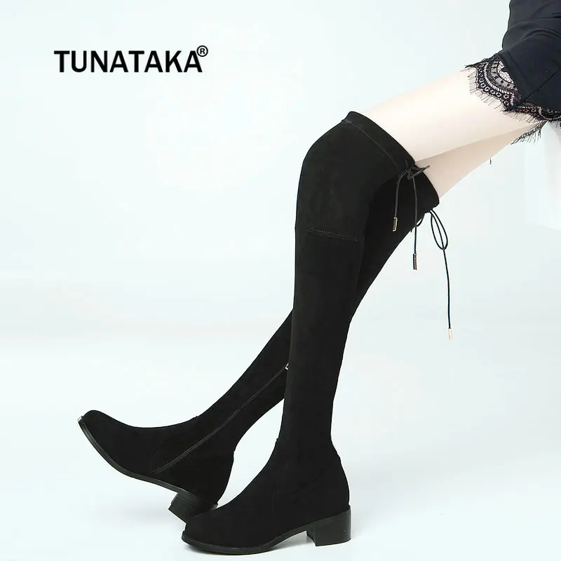 

Suede Women Elastic Boots Low Heel Over The Knee Boots Side Zipper Winter Fashion Women Shoes Apricot Wine Red Black