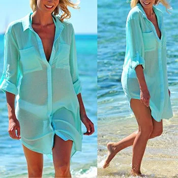 Пляжный халат, пляжный купальник с карманом, Пляжная рубашка, топы, купальный костюм для женщин, Пляжная парео-туника - Цвет: Light Green