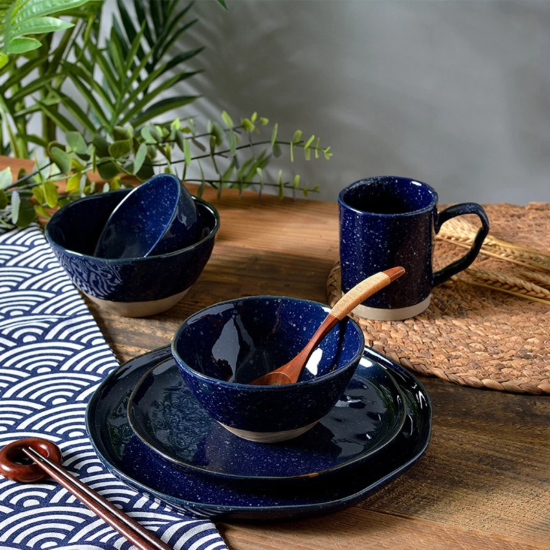 

Retro Japanese Style Household Snack Plate Dish Round Soup Deep Dinner Plate Tableware Noodle Rice Soup Bowl Starry pattern