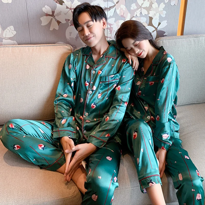 

fashion Lovers Pajamas Silk Women Long-sleeved Autumn Winter Pyjama Loose Men Couple Pijama Sleepwear Top+ Men Pants pajama set