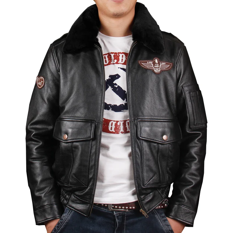 

HARLEY DAMSON Black Men Pilot Leather Jacket Wool Collar Plus Size 3XL Genuine Cowhide Slim Fit Winter Flight Leather Coat