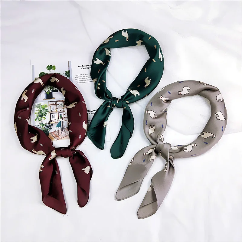 

New Fashion Cute Cartoon Print Women Shawl Satin Elegant Small Squares Scarves Decorative Head Neck Hair Tie Band Accessories