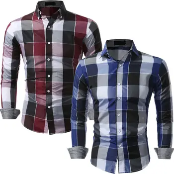 

Fashion Men Slim Fit Shirts Long Sleeve Cotton Plaid Tee Shirts Casual Chemise Homme Mens Checkered Casual Handsome Men Blouse