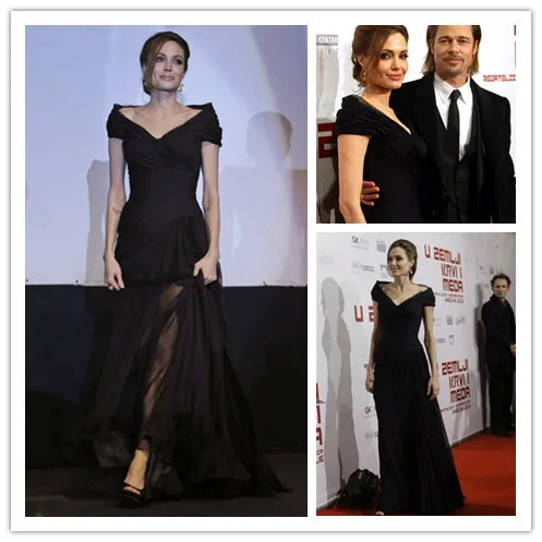 

Angelina Jolie dress car-styling new hot&sexy v-neck black long evening dress 2016 floor-length red carpet celebrity dresses
