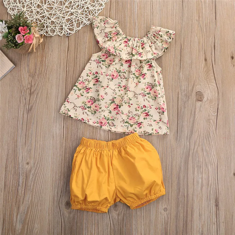 Girls suit summer 2019 new cotton Toddler Kids Girl Floral Sleeveless Tops+Bow Shorts Pants Outfits Clothes Set  (5)