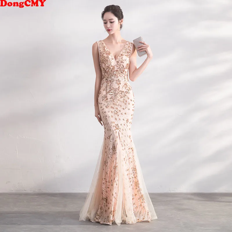 

DongCMY Gold Color Sequin Prom Dresses Vestido Long Elegant Evening Party Women Gowns