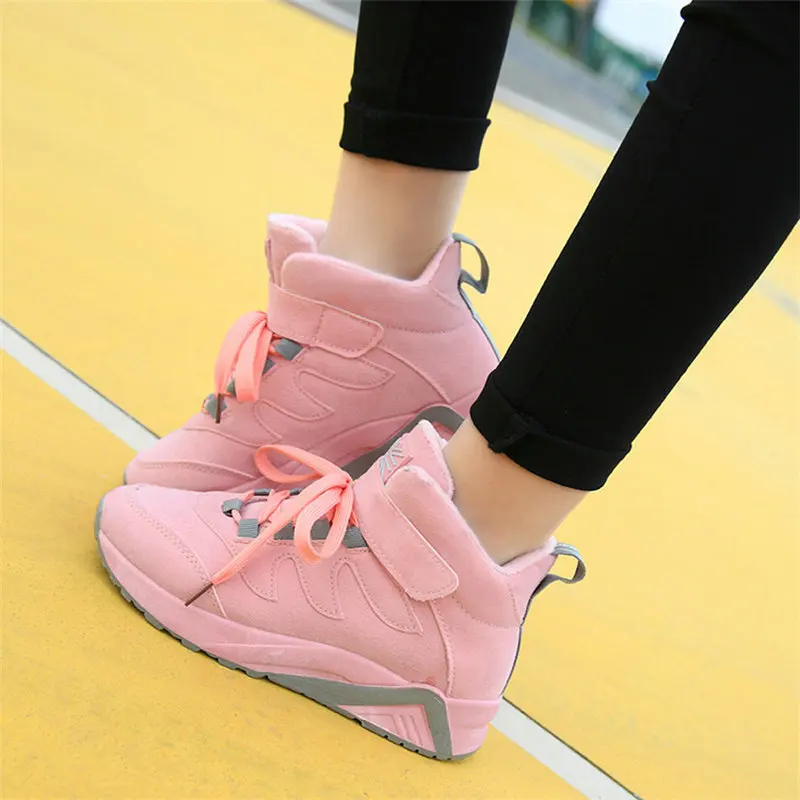 Beste Winter warm bont laarzen Vrouw wiggen Hoge Top Zwart Roze Schoenen Vrouwen Casual Schoenen Platform Verborgen Toenemende Sneakers MD 98
