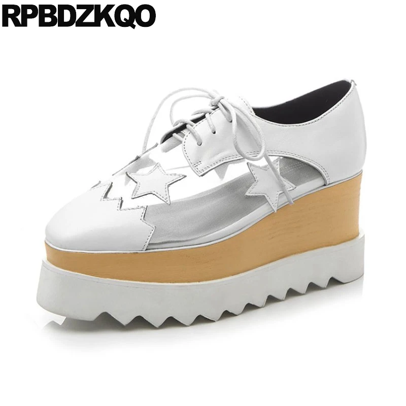

Closed Luxury Big Size Genuine Leather Ladies White Pumps Square Toe High Heels 3 Inch Platform Lace Up 33 Wedge Oxfords Women