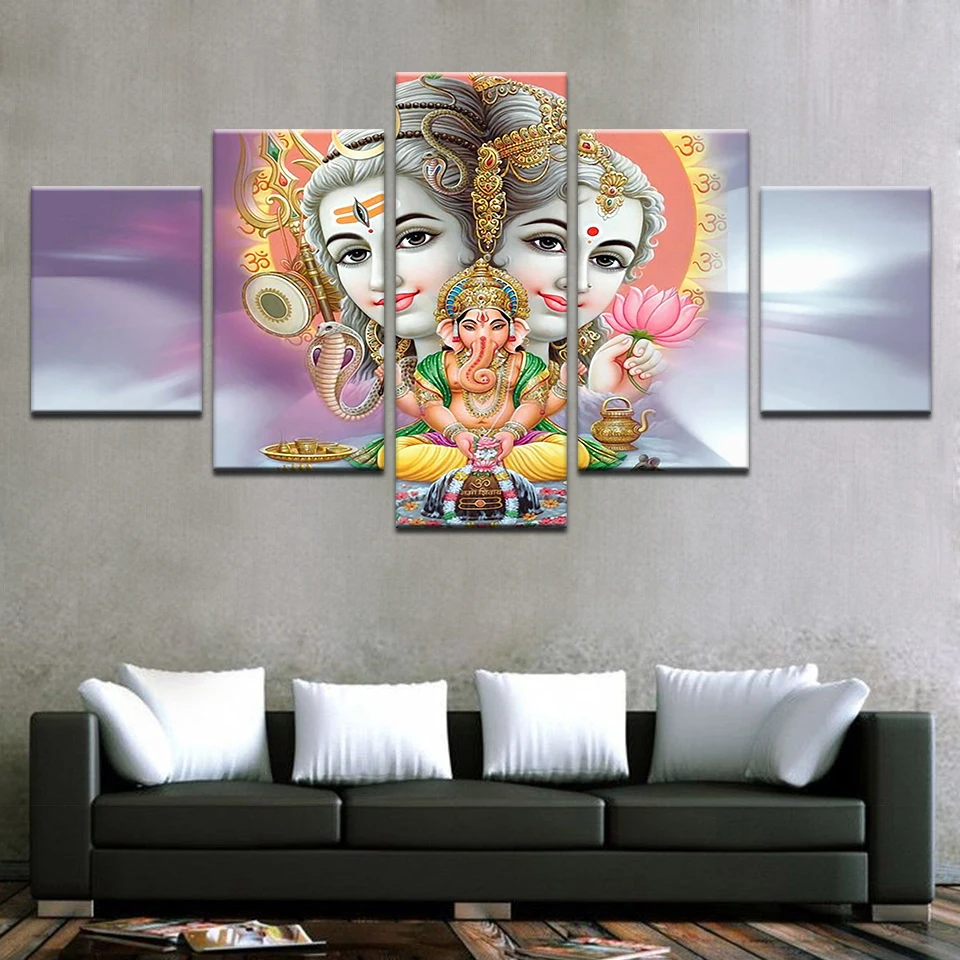 HD печать 5 шт. Холст Настенная картина Shiva Parvati Ganesh Современный домашний декор для