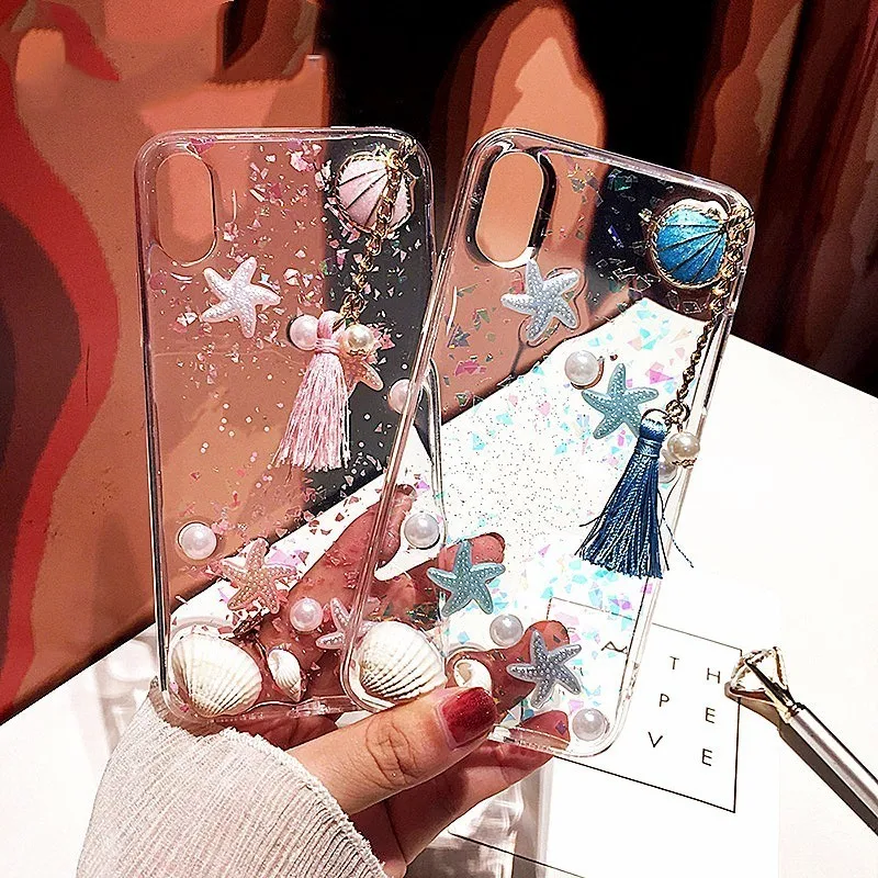 

3D Cute Pearls Conch Shell Tassels Phone Case For iPhone XS Max Case Soft Silicon Cover XR XS 7 6 6S 8 Plus X Clear Pearls Cases