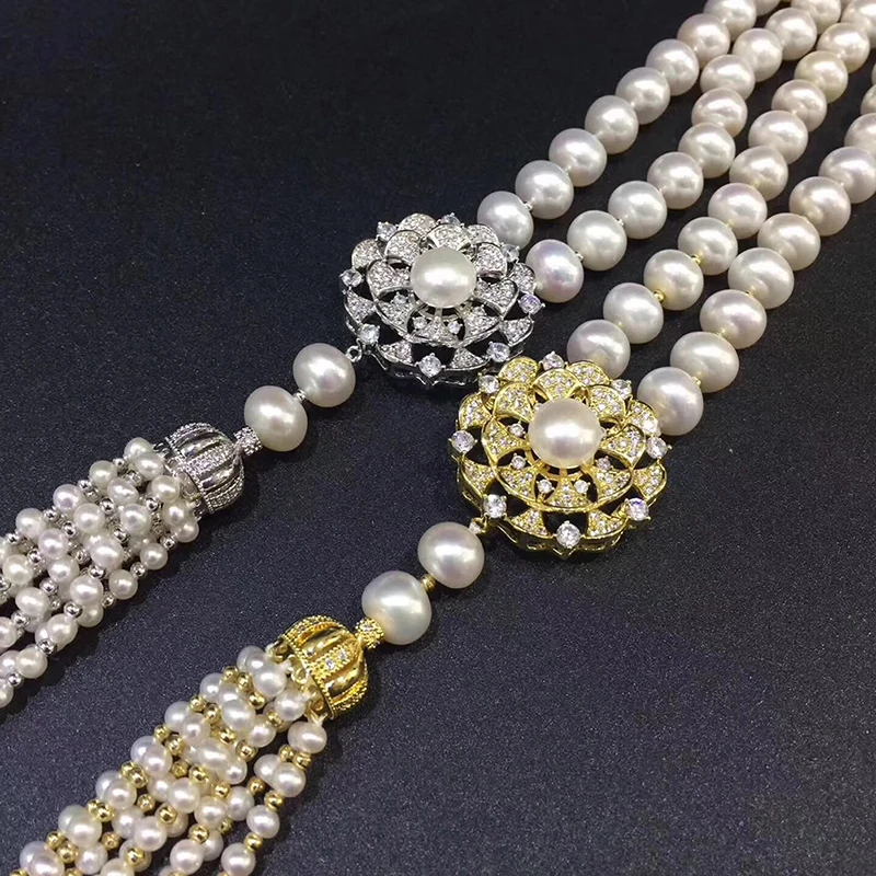 Sinya Tassels fashion Sweater chain Natural pearls Strand long necklace for Women Mum lover gold or white gold color optional  (8)