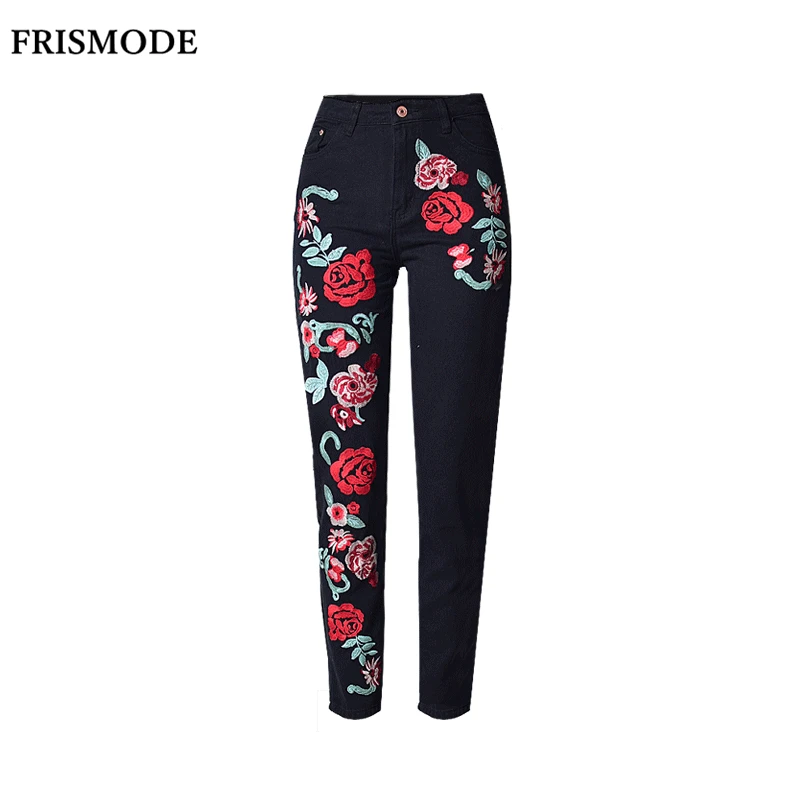 

Plus Size Floral Embroidery Loose Jeans Woman Black Long Pant Spring Summer Fall Fashion pantalones mujer Women High Waist Jeans