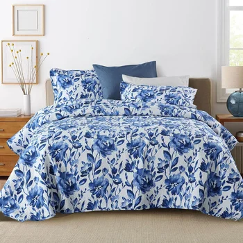 

CHAUSUB Printed Bedspread Cotton Quilt Set 3PCS Blue and White Porcelain Bed Cover Pillowcase King Queen Size Coverlet Sets