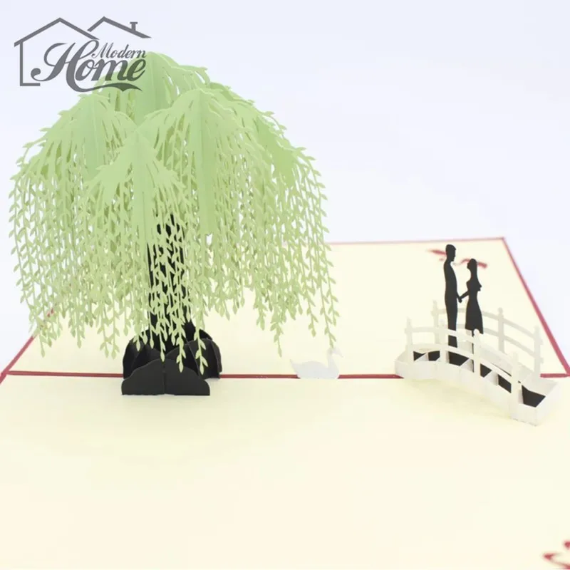 

Foldable 3D Pop Up Greeting Cards Willow Tree Hand-cutting Handmade Post Cards Paper Carving Craft Valentine's Day Festival Gift