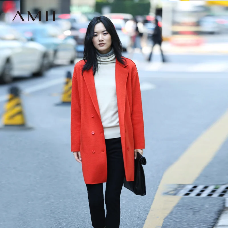 

Amii Casual Women Woolen Coat 2018 Winter Wide-waisted Double Breasted Turn-down Collar Female Wool Blends
