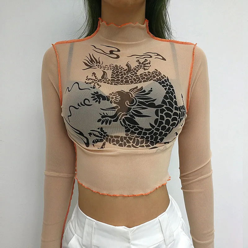 

Sexy Mesh Crop Top Long Sleeve T Shirt Women Kawaii Dragon Graphic Tees Sexy See Through Turtleneck Autumn Tshirt Fashion