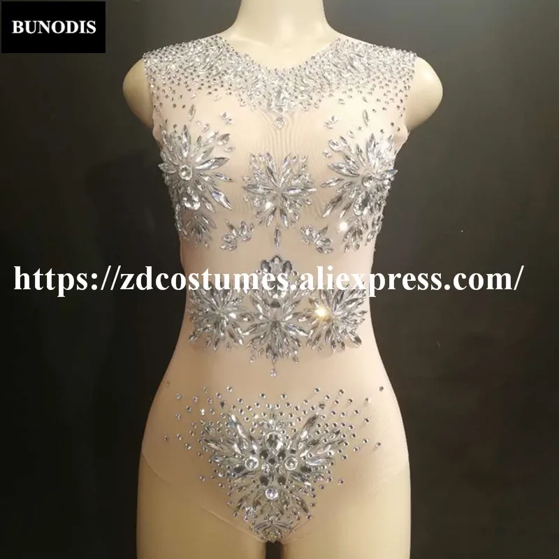 

ZD264 Women Sexy Bodysuit Net Yarn Full Of Glass Sparkling Crystals Jumpsuit Nightclub Party Dancer Singer Stage Wear