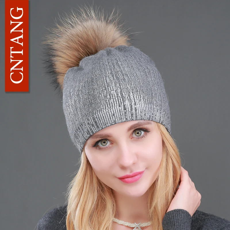 2024 New Winter Beanies Ladies Knitted Wool Warm Hats Fashion Pom Pom Real Raccoon Fur Caps Skullies Hat For Women Print Fur Cap 5