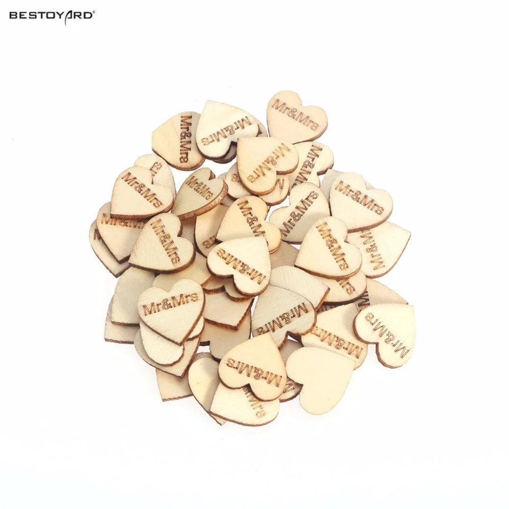 

50pcs Rustic Wooden Heart Carved with Mr&Mrs Wedding Embellishments Table Decoration Crafting DIY Accessory