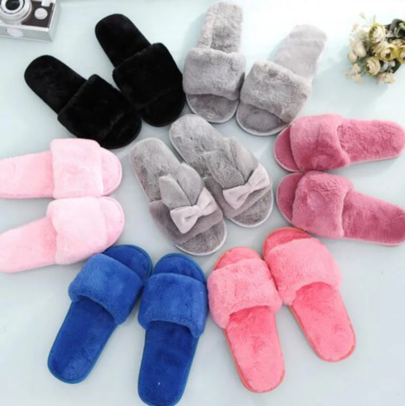 

Autumn Winter Women Ladies Non-slip Flats Single Shoes Slippers Short Plush Open Toe Candy Solid Color Slippers Breathable Shoes