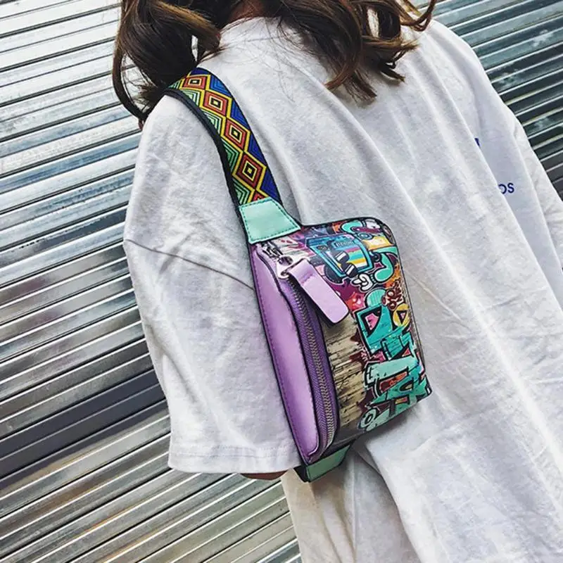 Новая женская кожаная поясная сумка в стиле хип-хоп, 17x13 см, с граффити, на плечо, на грудь, на пояс, цветная поясная сумка, Heuptas Pochete