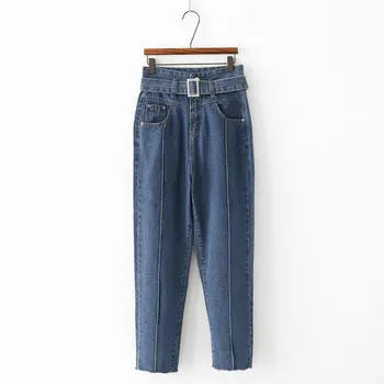 

Fashion 2019 New Retro High Waist Harem Jeans Women Spring Casual Sashes Denim Pants Harem Pants Solid Pockets Loose Trousers