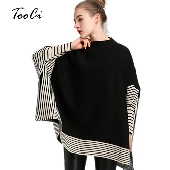 

New Fashion Spring Women Black Pullover And Poncho Female Stripes Loose Round-Neck Bat Sleeves Sweater Cloak Shawl Coat