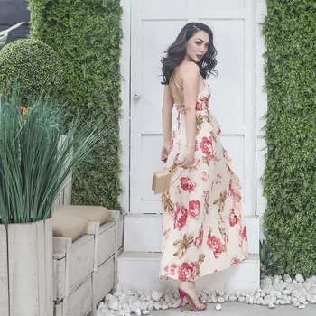 

2018 Summer Stylish Backless Long Dress Low Cut Spaghetti Strap Floral Printed Breathable Chiffon Fabric Dress
