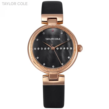 

Luxury Brand Taylor Cole Women Watch Rose Golden Clock Black Dial Black Leather Band Wristwatches Women Montre bayan saat /TC116
