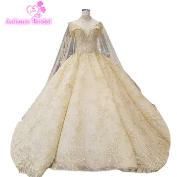 

Aolanes 2018 Gold Lace Champagne Wedding Dresses High Neck Cape Veils Bridal Gowns Off The Shoulder Ball Gown Vestido De Noiva