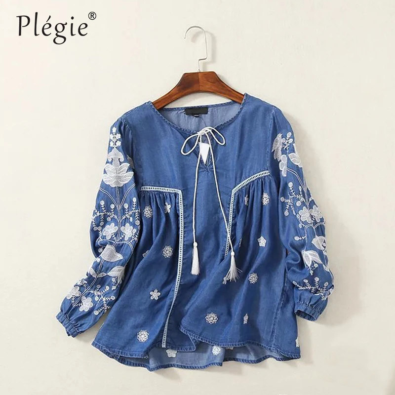 

Plegie Womens Tops and Blouses 2018 Women Floral Embroidery Denim Blouse Lace Up V Neck Long Sleve Casual Blue Shirt Tops Blusas