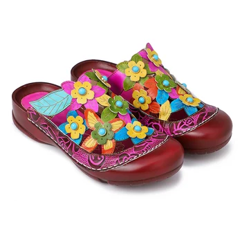 

SONDR flat slippers women slides shoes red genuine leather klapki damskie na lato retro flower totem chanclas mujer ethnic mules