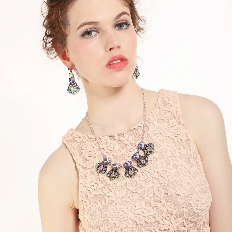 

Two Color Red & Purple Crystal Crown Flower Round Teardrop Necklace Pendants Statement Gorgeous Dashing Women Necklace