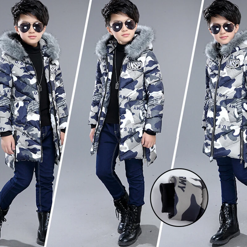 Teenage Boys Winter Jackets Letter Fur Hooded Parka Kids Cotton Thicken