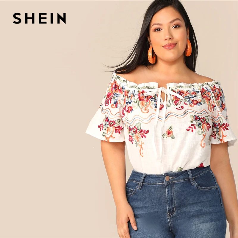 

SHEIN Plus Size White Tied Off Shoulder Embroidered Top Blouse 2019 Women Summer Boho Cotton Flounce Sleeve Blouses Shirt