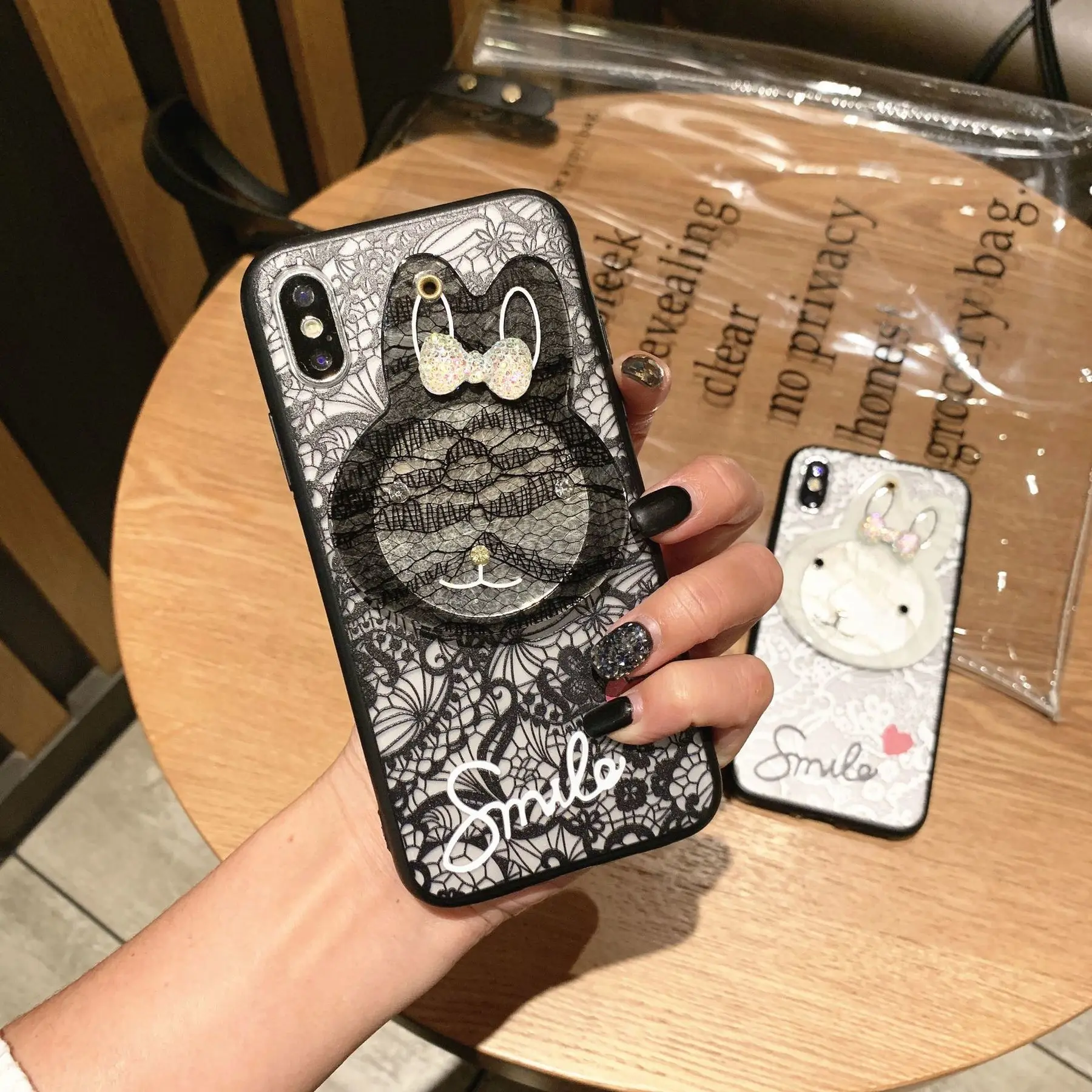 Lace Makeup Mirror Phone Case For Iphone 7 Case Iphone XR XS Max 8 6S Plus Cute Rabbit Luxury Brand Shell Back Cover For Iphone