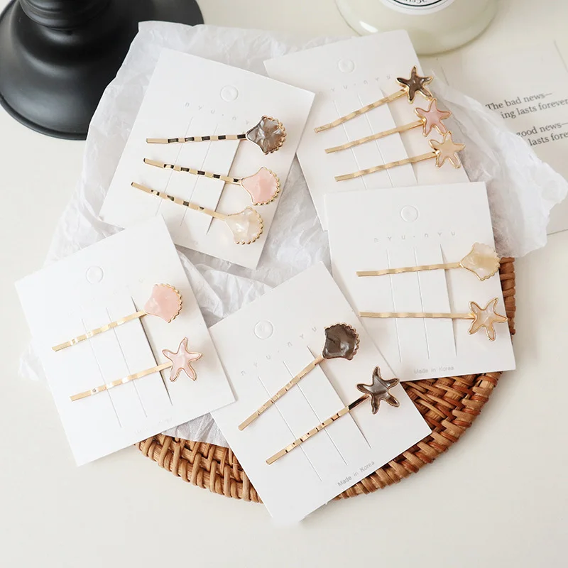 

2pcs/set Korea fashion Cute Acetic Acid Hairpins Pink Starfish Shell Metal Gold Hair Clips hair accessories New for Women girl