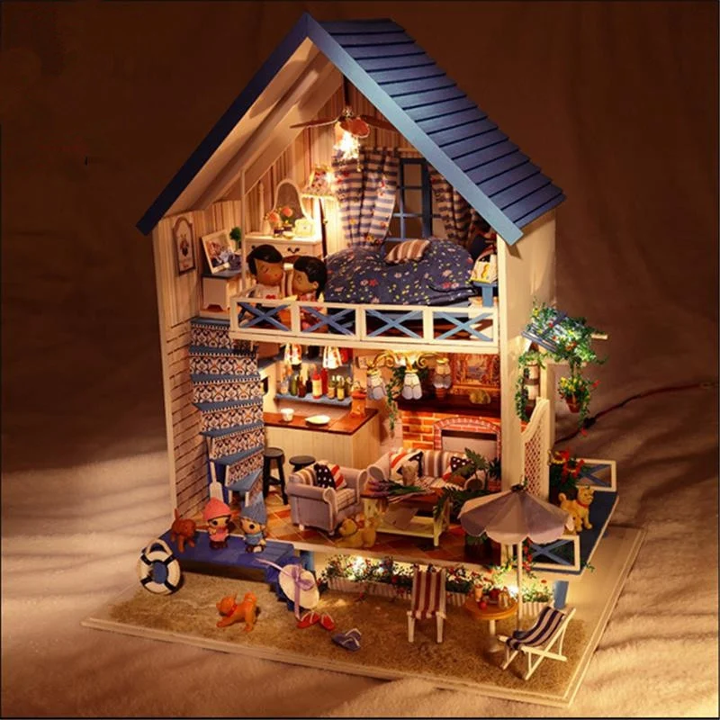 

Handmake DIY Wood Romantic Aegean Sea Dollhouse Miniature With LED Music Furniture Doll House Best Gift For Girl