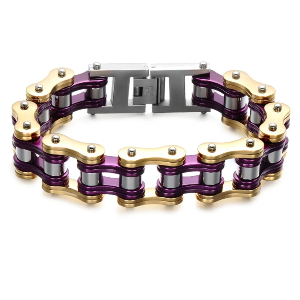 Men's 19mm Wide Heavy Solid Gold Blue Bike Chain Bracelet for Men Stainless Steel Motorcycle Bicycle Bangle Male Jewelry Fashion Jewelry