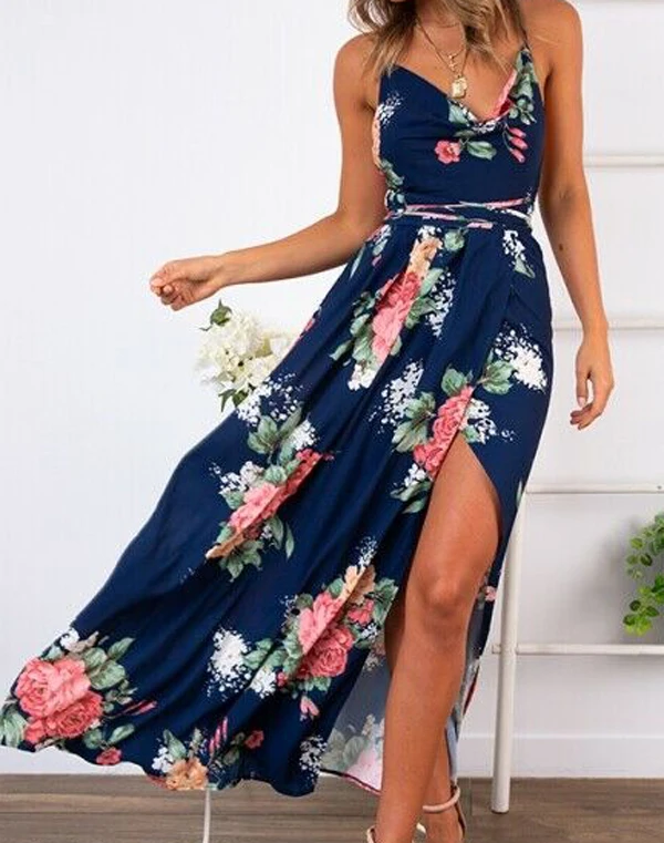 

Hot Sale 2019Women Summer Sexy Ladies Boho Printed Floral Backless Maxi Sleeveless -neck Dress Evening Party Beach Long Dresses