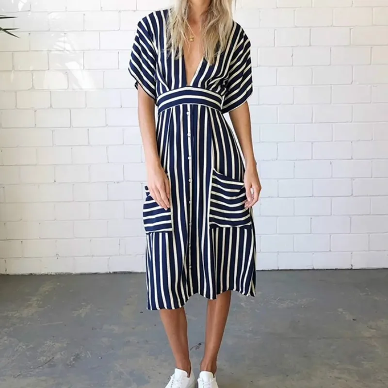 

Bohemian Dress 2019 Spring Summer Women's Dress Fashion Casual Striped Sexy V-neck Open Back Tether Pocket Stripe Dresses Blue